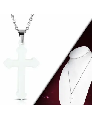 Collier acier avec pendentif croix céramique blanche