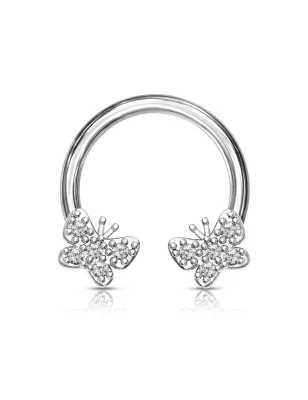 Piercing fer à cheval papillons zircon blanc