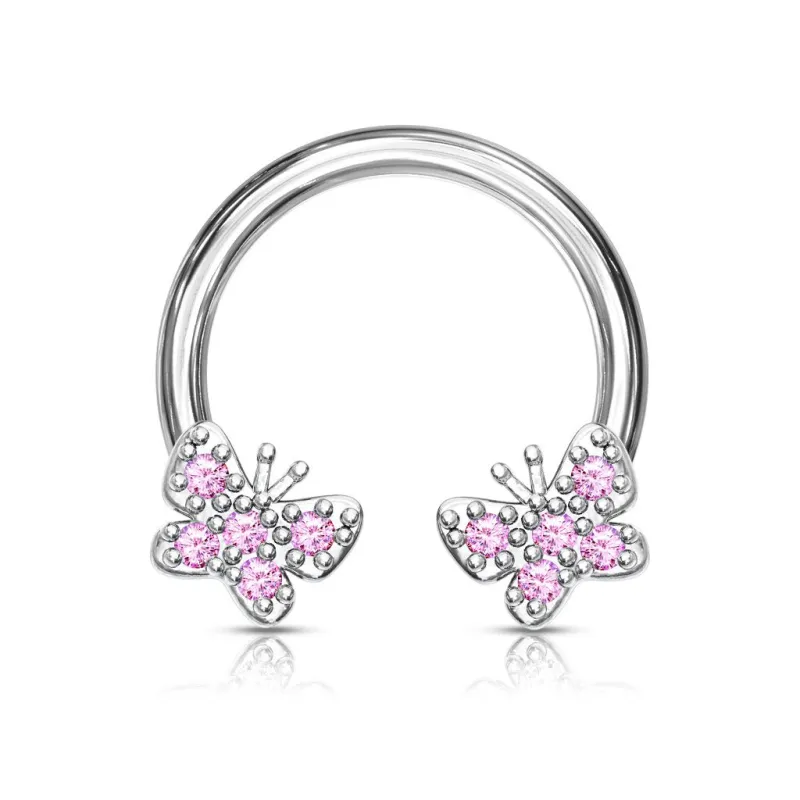 Piercing fer à cheval papillons zircon rose (oreille, daith, septum)