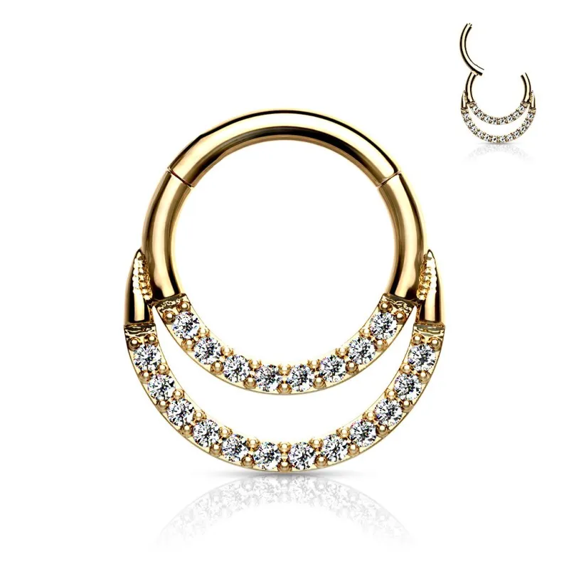 Piercing anneau segment doré double ligne de strass (oreille, daith, septum)