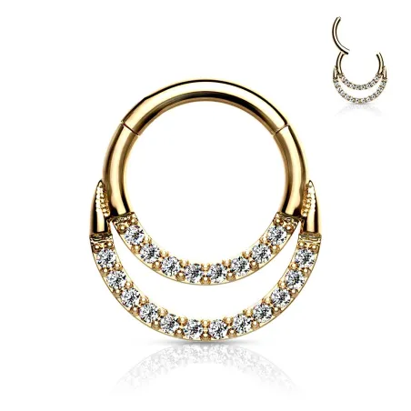 Piercing anneau segment doré double ligne de strass