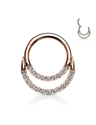 Piercing anneau segment rosé double ligne de strass