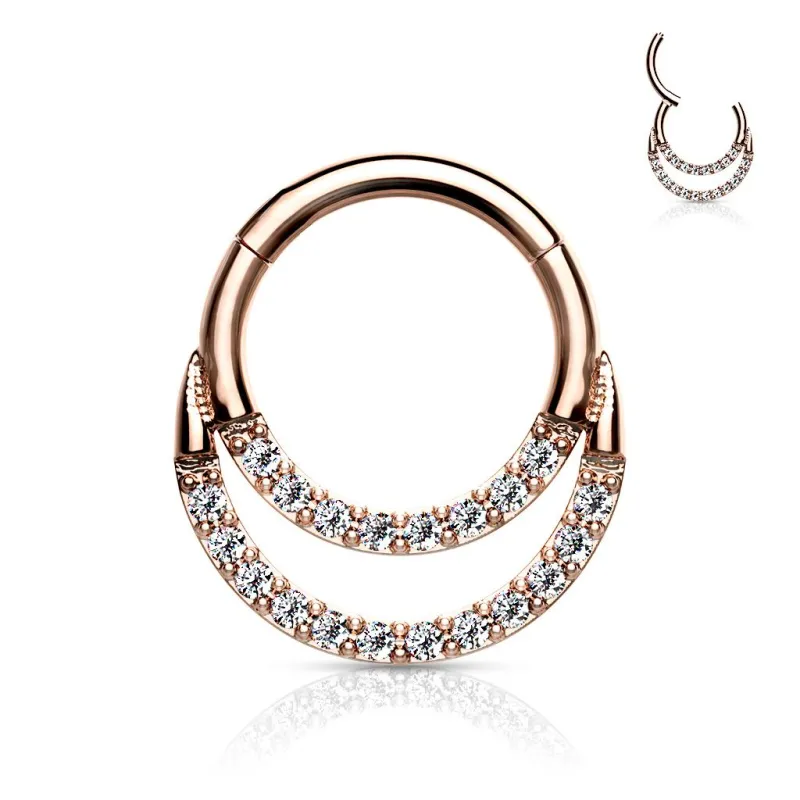 Piercing anneau segment rosé double ligne de strass (oreille, daith, septum)