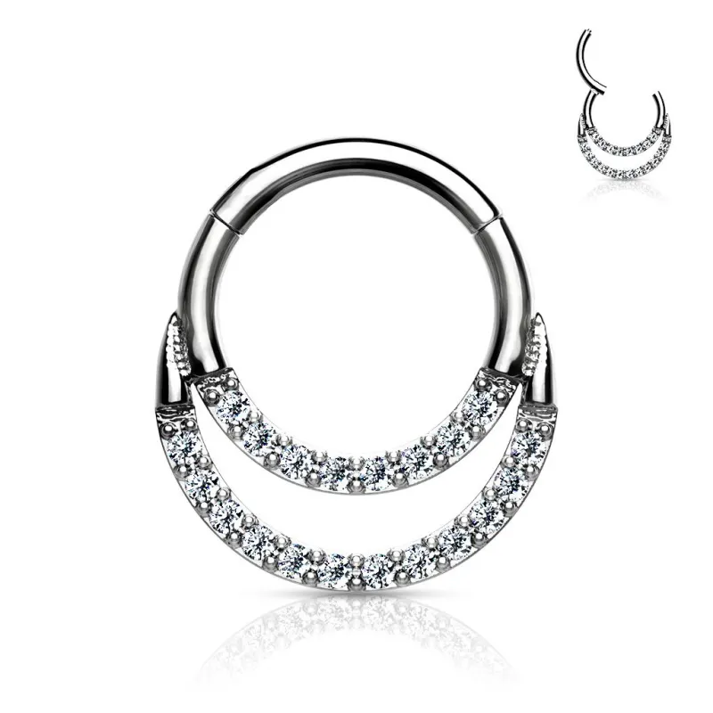 Piercing anneau segment acier double ligne de strass (oreille, daith, septum)