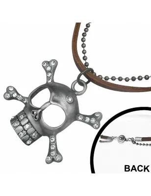 Collier en cuir brun avec pendentif crâne de pirate strass et chaine militaire