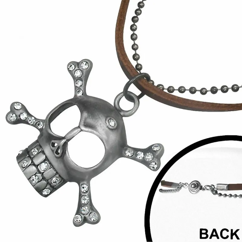 Collier en cuir brun avec pendentif crâne de pirate strass et chaine militaire