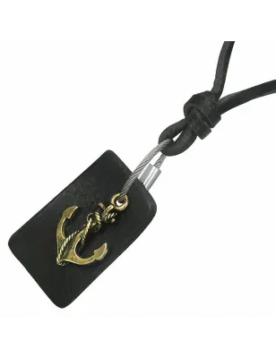 Collier en cuir noir avec pendentif ancre marine plaque cuir