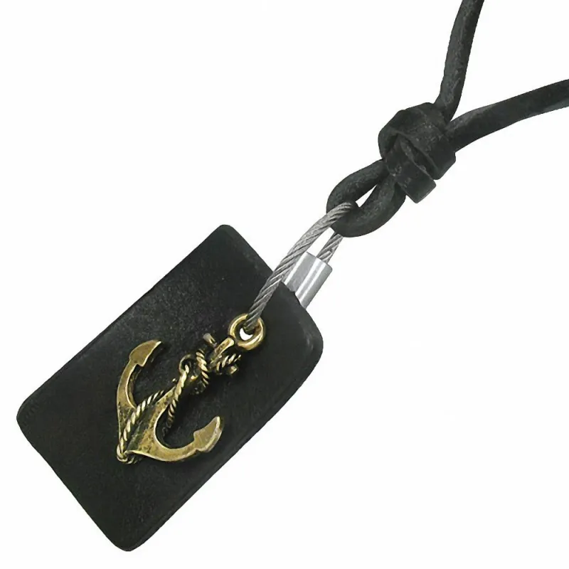 Collier en cuir noir avec pendentif ancre marine plaque cuir