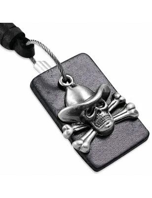 Collier en cuir noir avec pendentif crâne de pirate plaque cuir