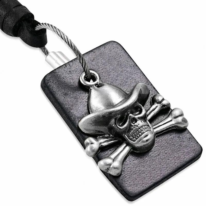 Collier en cuir noir avec pendentif crâne de pirate plaque cuir