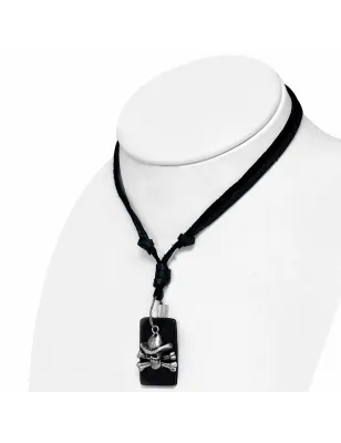 Collier en cuir noir avec pendentif crâne de pirate plaque cuir