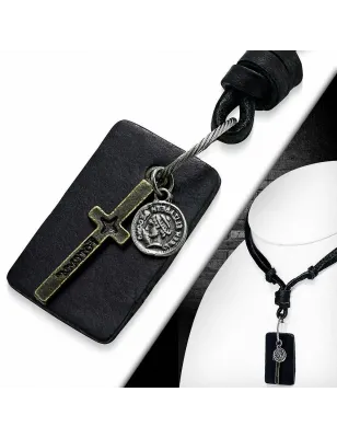 Collier en cuir noir avec pendentif croix plaque cuir