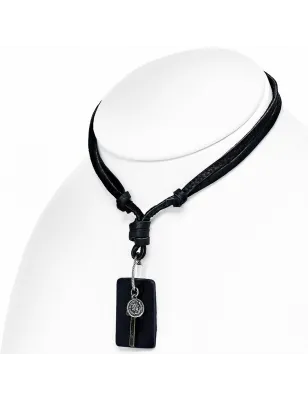 Collier en cuir noir avec pendentif croix plaque cuir