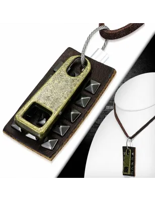 Collier en cuir marron avec pendentif plaque à pyramides zipette