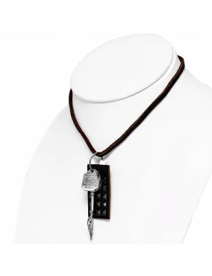 Collier en cuir marron avec pendentif plaque à pyramides clef