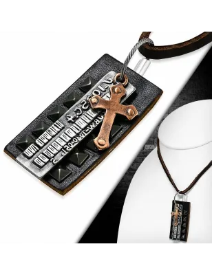 Collier en cuir marron avec pendentif plaque à pyramides biker