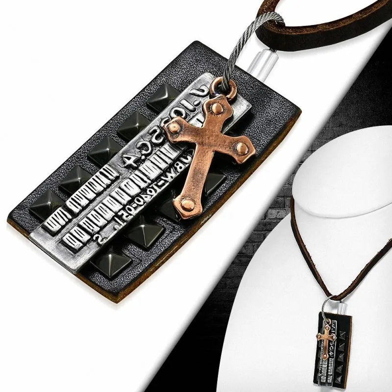 Collier en cuir marron avec pendentif plaque à pyramides biker