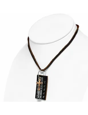 Collier en cuir marron avec pendentif plaque à pyramides biker