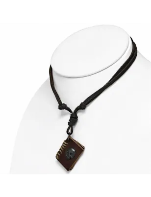 Collier en cuir marron avec pendentif livret skull