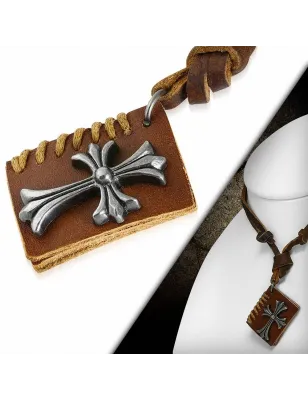 Collier en cuir marron avec pendentif livret croix fleur de lys