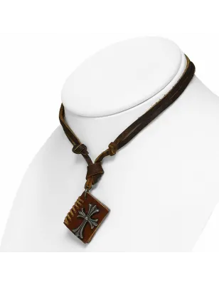 Collier en cuir marron avec pendentif livret croix fleur de lys