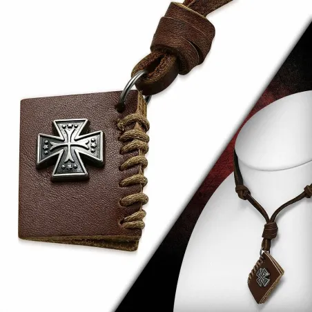 Collier en cuir marron avec pendentif livret croix de fer