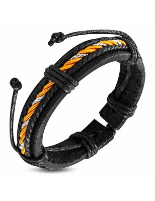 Bracelet en cuir noir et corde orange 054