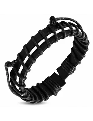 Bracelet en cuir noir et corde blanche noire 059