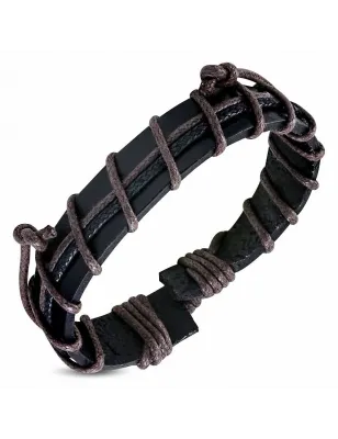 Bracelet en cuir noir et corde marron 060