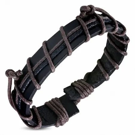 Bracelet en cuir noir et corde marron 060