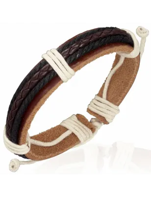 Bracelet en cuir beige et cordes marron noir 061