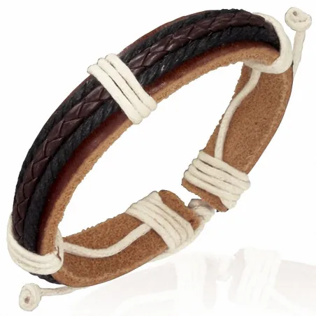 Bracelet en cuir beige et cordes marron noir 061