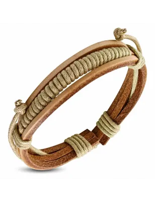 Bracelet en cuir beige et corde enroulée 072