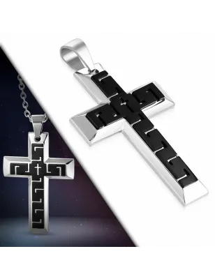 Pendentif en acier large croix motif clé grecque noir