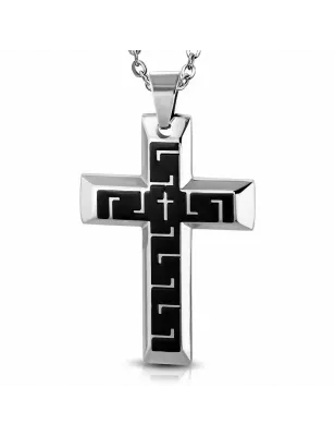 Pendentif en acier large croix motif clé grecque noir