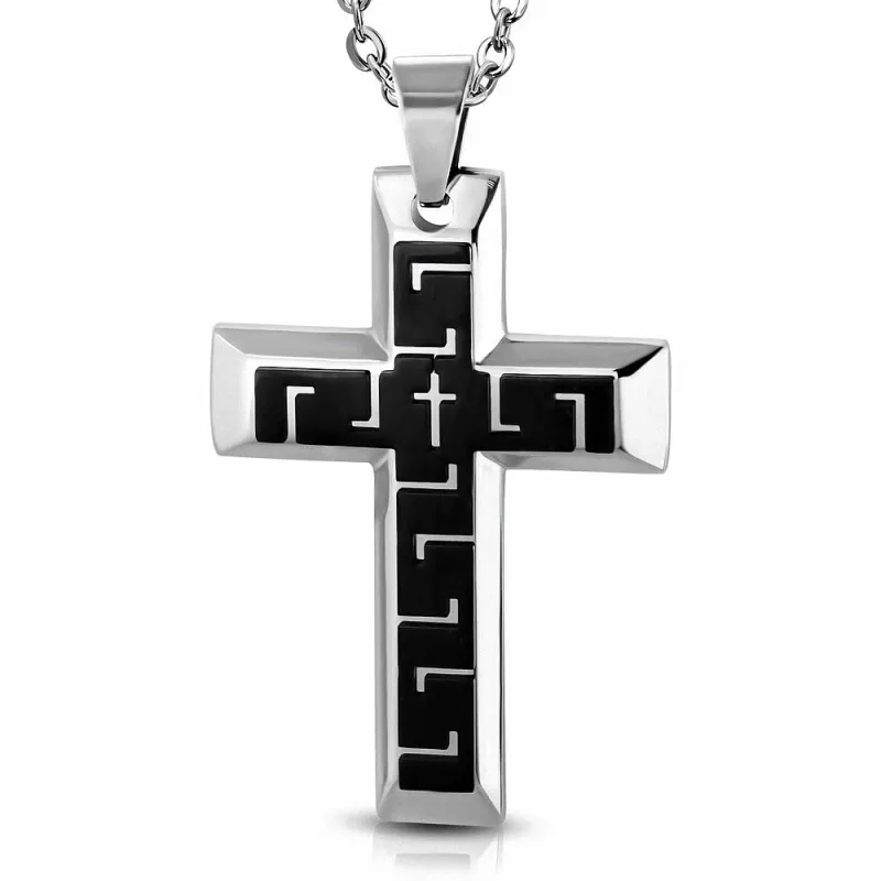 Pendentif en acier large croix motif clé grecque noir