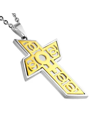 Pendentif en acier large croix motif symbole féminin doré