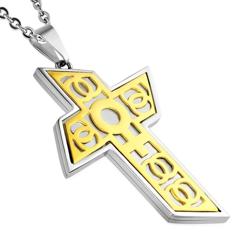 Pendentif en acier large croix motif symbole féminin doré