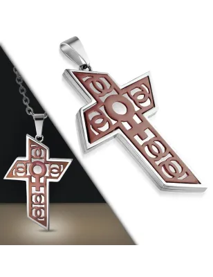 Pendentif en acier large croix motif symbole féminin cuivré