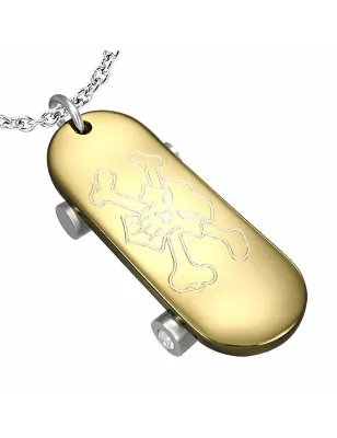 Pendentif en acier doré skateboard tête de mort