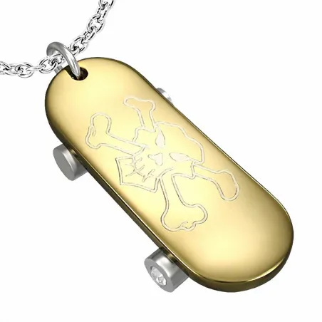 Pendentif en acier doré skateboard tête de mort