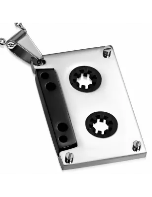 Pendentif homme en acier cassette audio bicolore noir