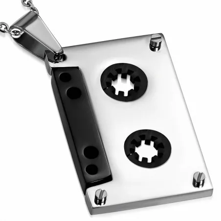 Pendentif homme en acier cassette audio bicolore noir