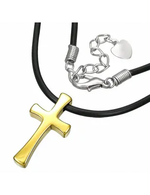 Collier homme caoutchouc avec pendentif tungstène croix dorée