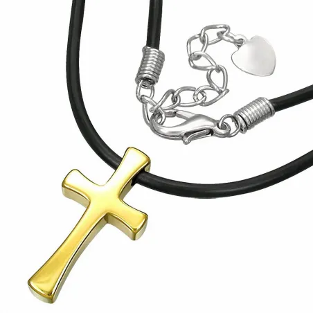 Collier homme caoutchouc avec pendentif tungstène croix dorée