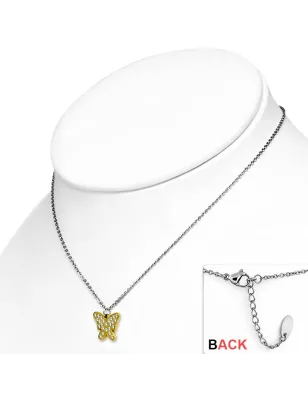 Collier en acier avec pendentif doré papillon strass