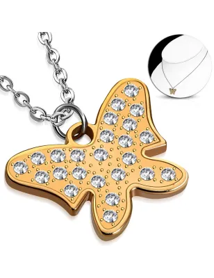 Collier en acier avec pendentif cuivré papillon strass