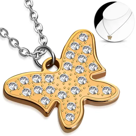 Collier en acier avec pendentif cuivré papillon strass