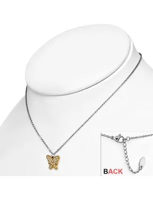 Collier en acier avec pendentif cuivré papillon strass