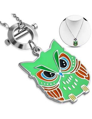 Collier en acier avec pendentif hibou vert